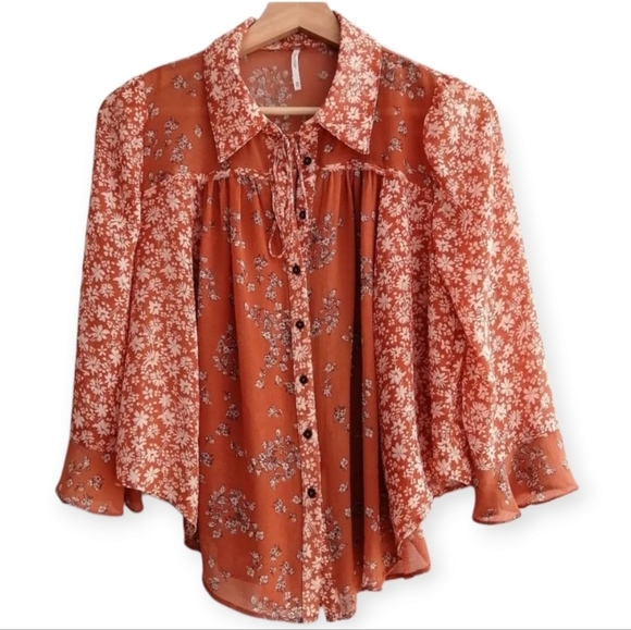 Free People Tops - Free People Serena Orange Floral Button Up Semi Sheer Blouse Oversize XS